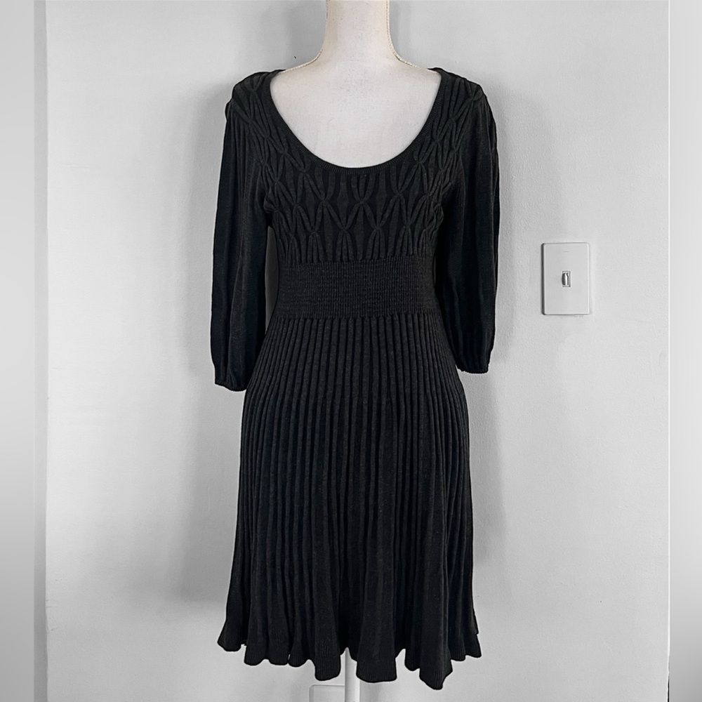 MAX STUDIO MSSP Charcoal Gray Fit And Flare Y2K Geometric Pleated Knitted Dress